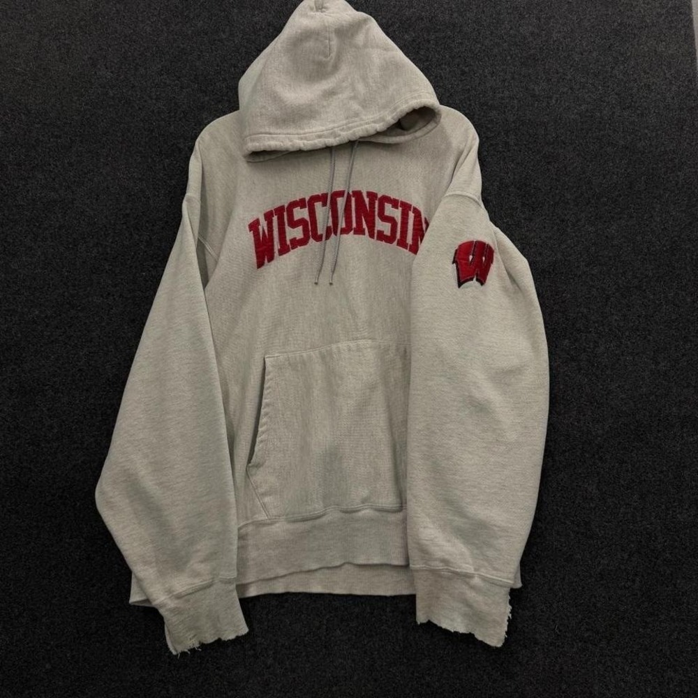 Vintage Champion Reverse Weave Wisconsin Hoodie Men's XL Gray Distressed USA
